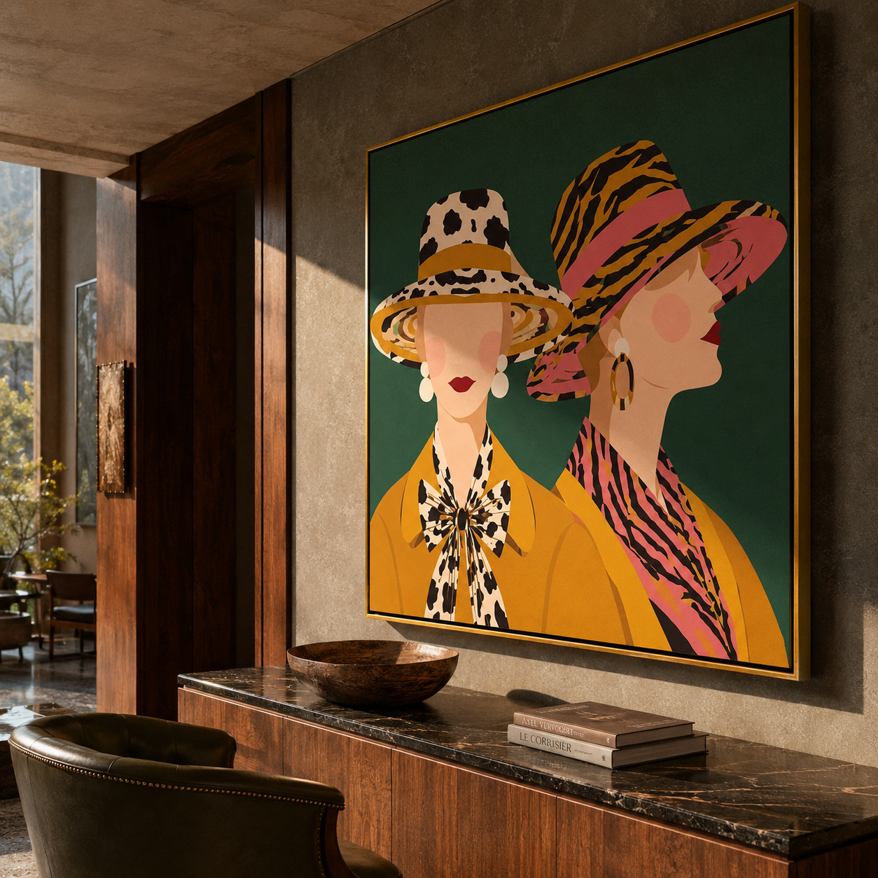 Tiger Stripes Meet Spots - animal print hat women painting by Elliot Vale, modern figurative square wall art - styled room scene view 5