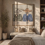 Two Cups Mark Waiting - striped coffee pair painting by Elliot Vale, modern figurative square wall art - styled room scene view 1