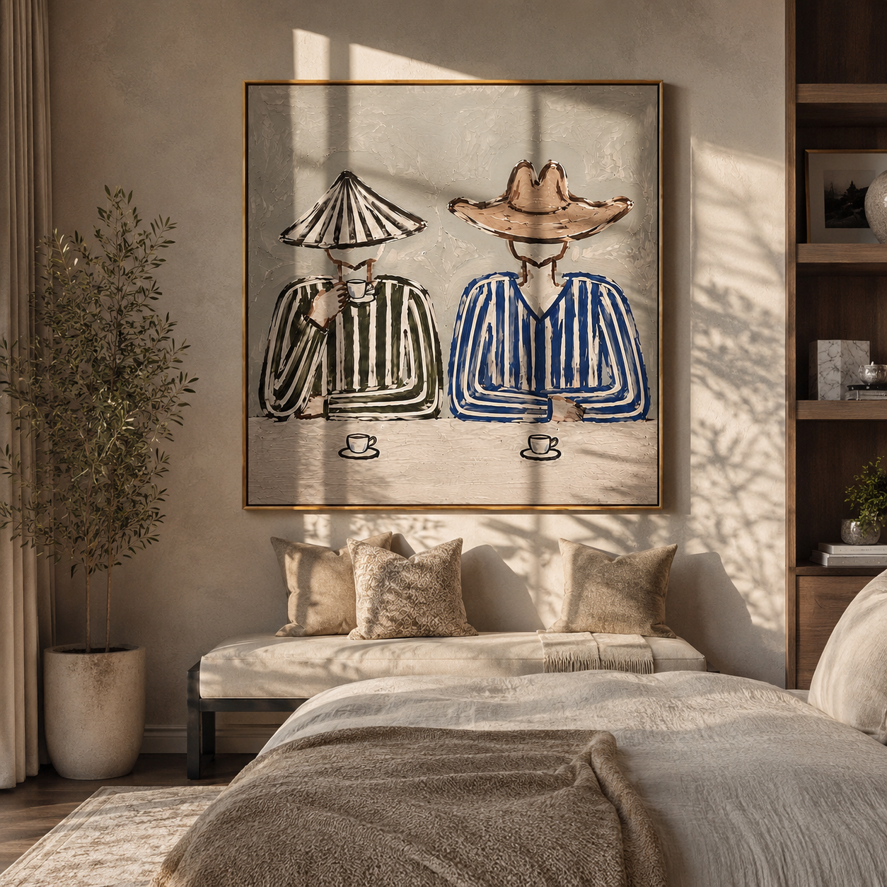 Two Cups Mark Waiting - striped coffee pair painting by Elliot Vale, modern figurative square wall art - styled room scene view 1