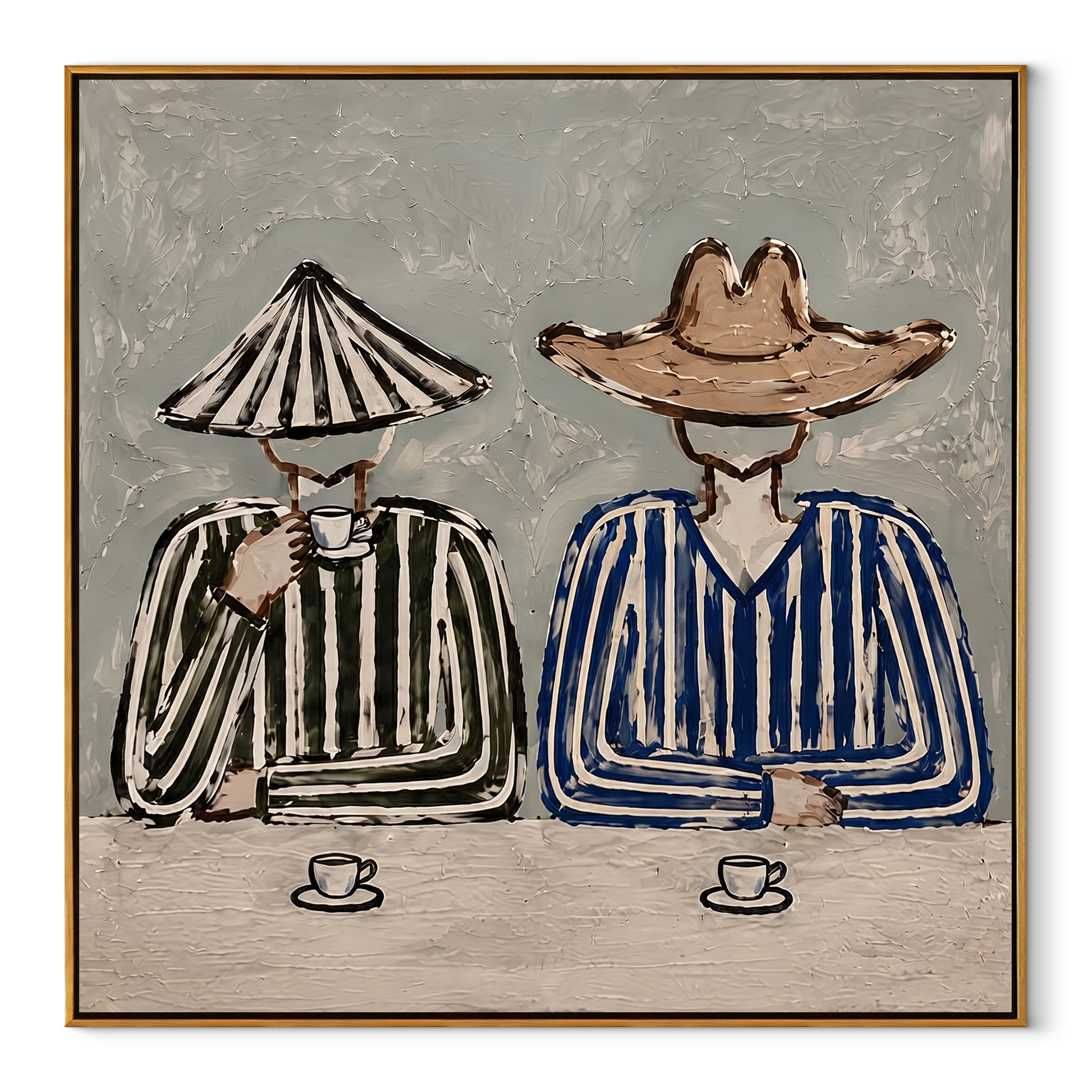 Two Cups Mark Waiting - striped coffee pair painting by Elliot Vale, modern figurative square wall art - wood frame on white background