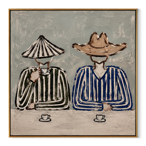Two Cups Mark Waiting - striped coffee pair painting by Elliot Vale, modern figurative square wall art - wood frame on white background