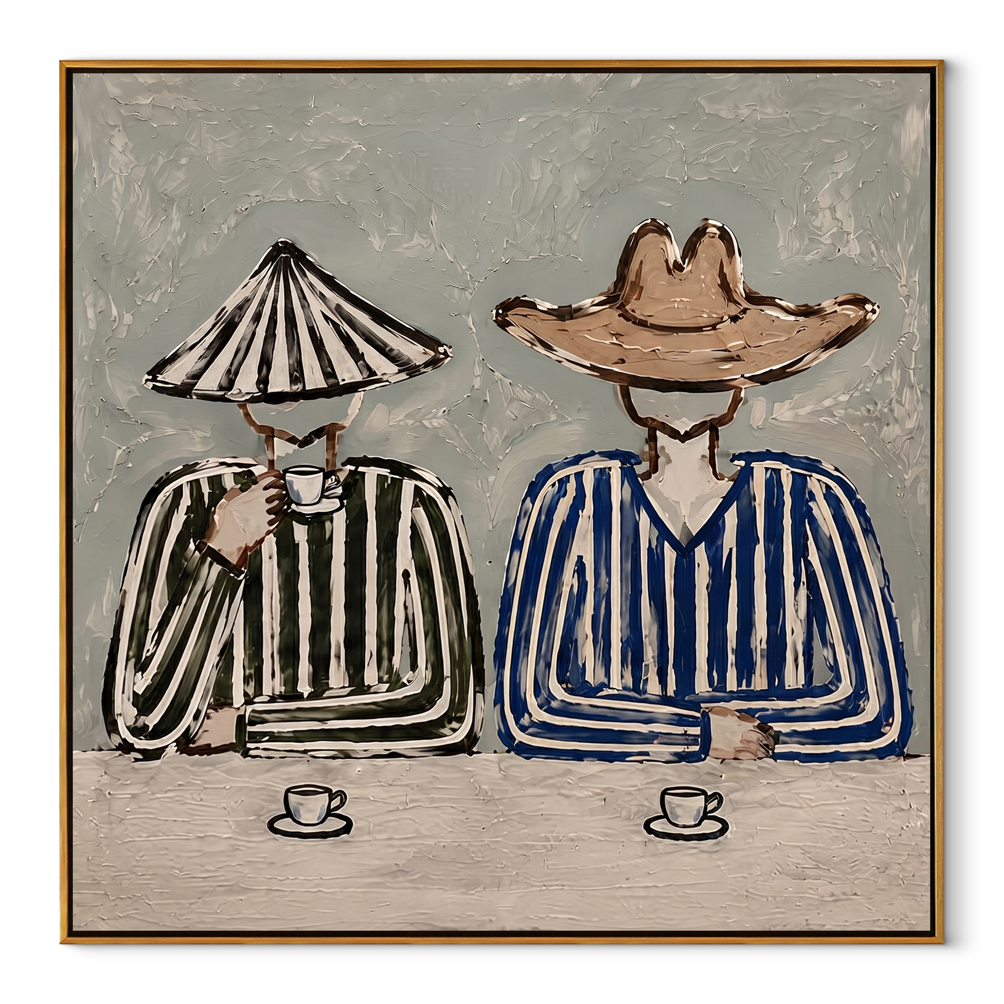 Two Cups Mark Waiting - striped coffee pair painting by Elliot Vale, modern figurative square wall art - wood frame on white background