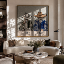 Two Cups Mark Waiting - striped coffee pair painting by Elliot Vale, modern figurative square wall art - styled room scene view 2