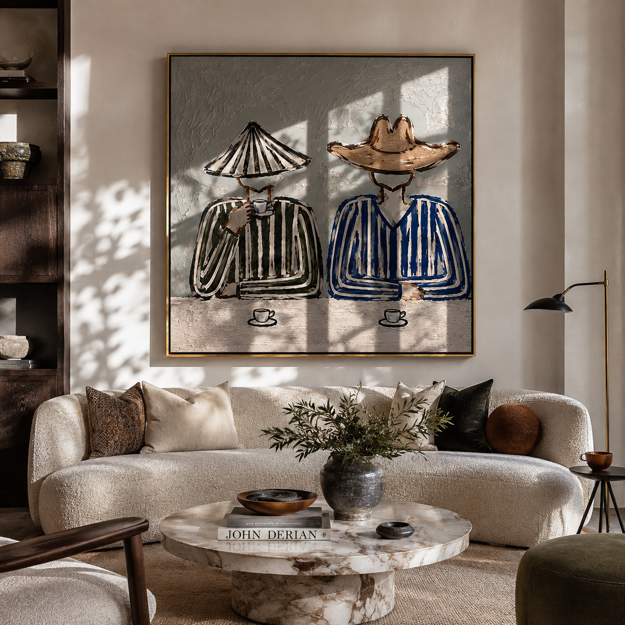Two Cups Mark Waiting - striped coffee pair painting by Elliot Vale, modern figurative square wall art - styled room scene view 2