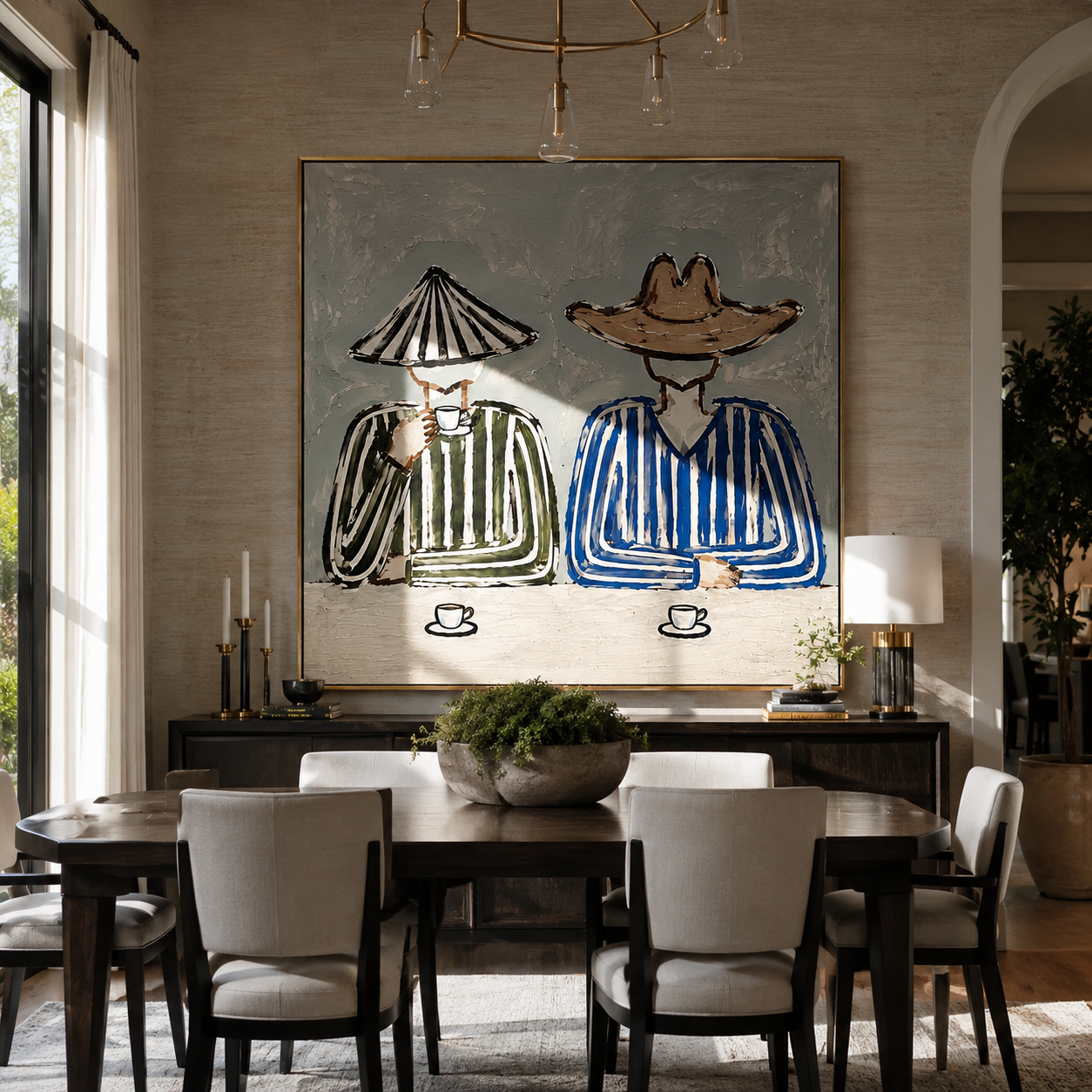Two Cups Mark Waiting - striped coffee pair painting by Elliot Vale, modern figurative square wall art - styled room scene view 3