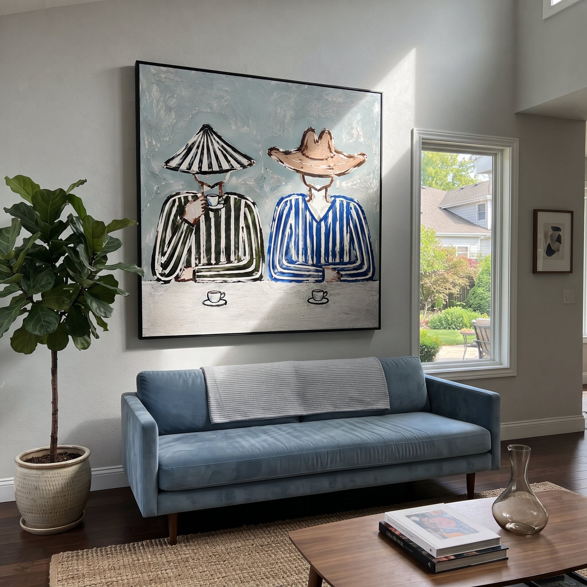 Two Cups Mark Waiting - striped coffee pair painting by Elliot Vale, modern figurative square wall art - styled room scene view 4