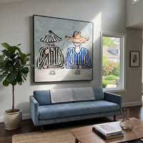 Two Cups Mark Waiting - striped coffee pair painting by Elliot Vale, modern figurative square wall art - styled room scene view 4