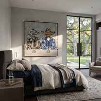 Two Cups Mark Waiting - striped coffee pair painting by Elliot Vale, modern figurative square wall art - styled room scene view 5