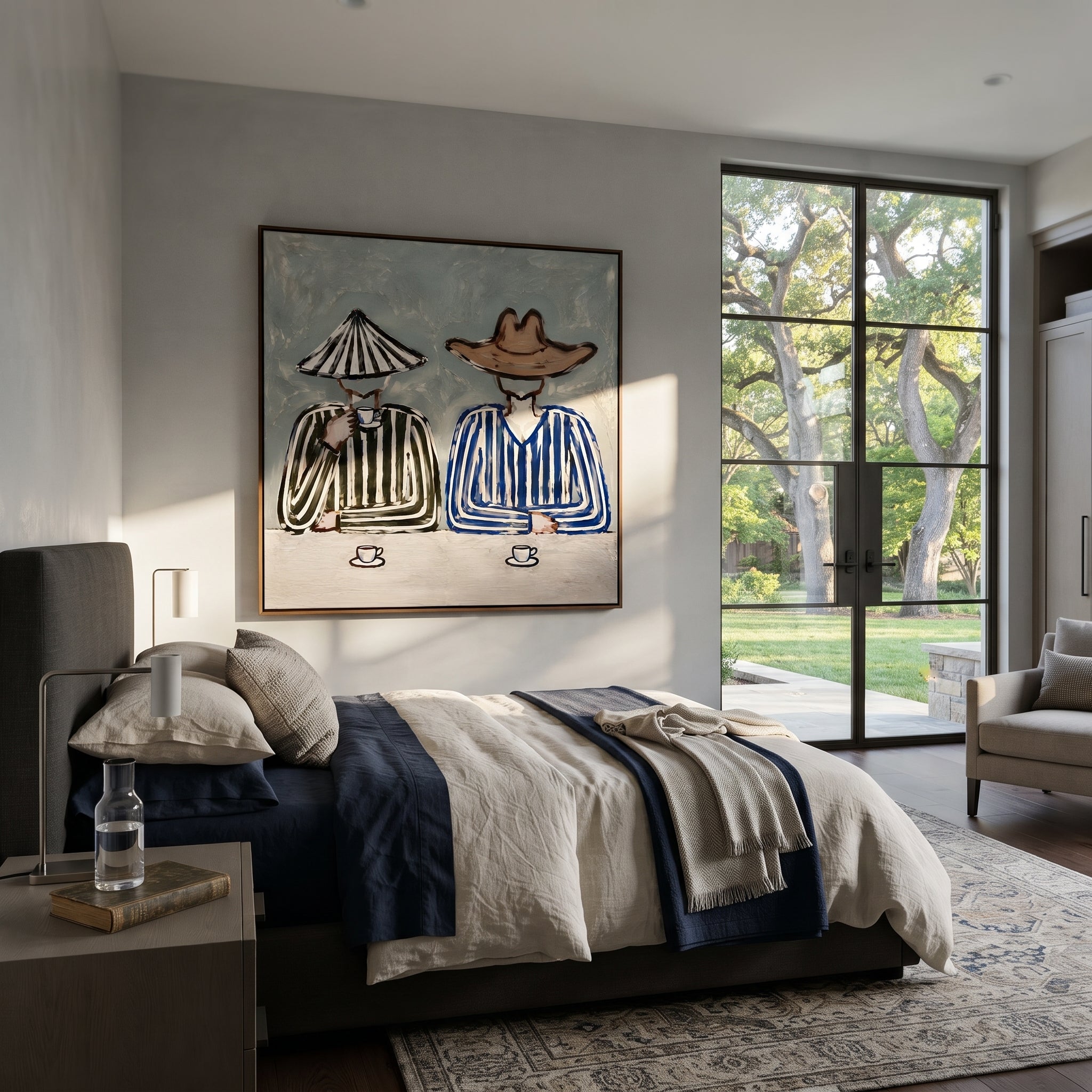 Two Cups Mark Waiting - striped coffee pair painting by Elliot Vale, modern figurative square wall art - styled room scene view 5