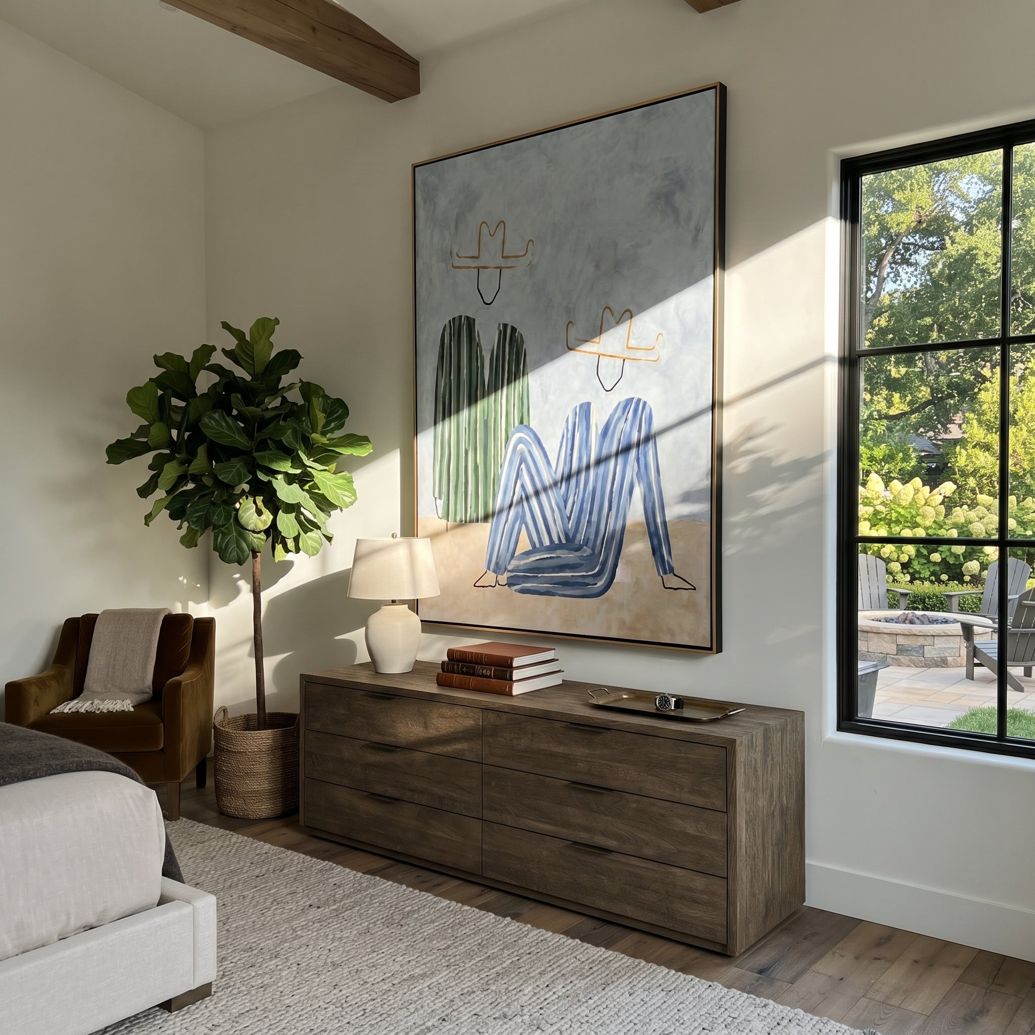 Blue Figure Sits Below - abstract seated figure pair painting by Elliot Vale, modern figurative vertical wall art - styled room scene view 1
