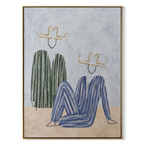 Blue Figure Sits Below - abstract seated figure pair painting by Elliot Vale, modern figurative vertical wall art - wood frame on white background