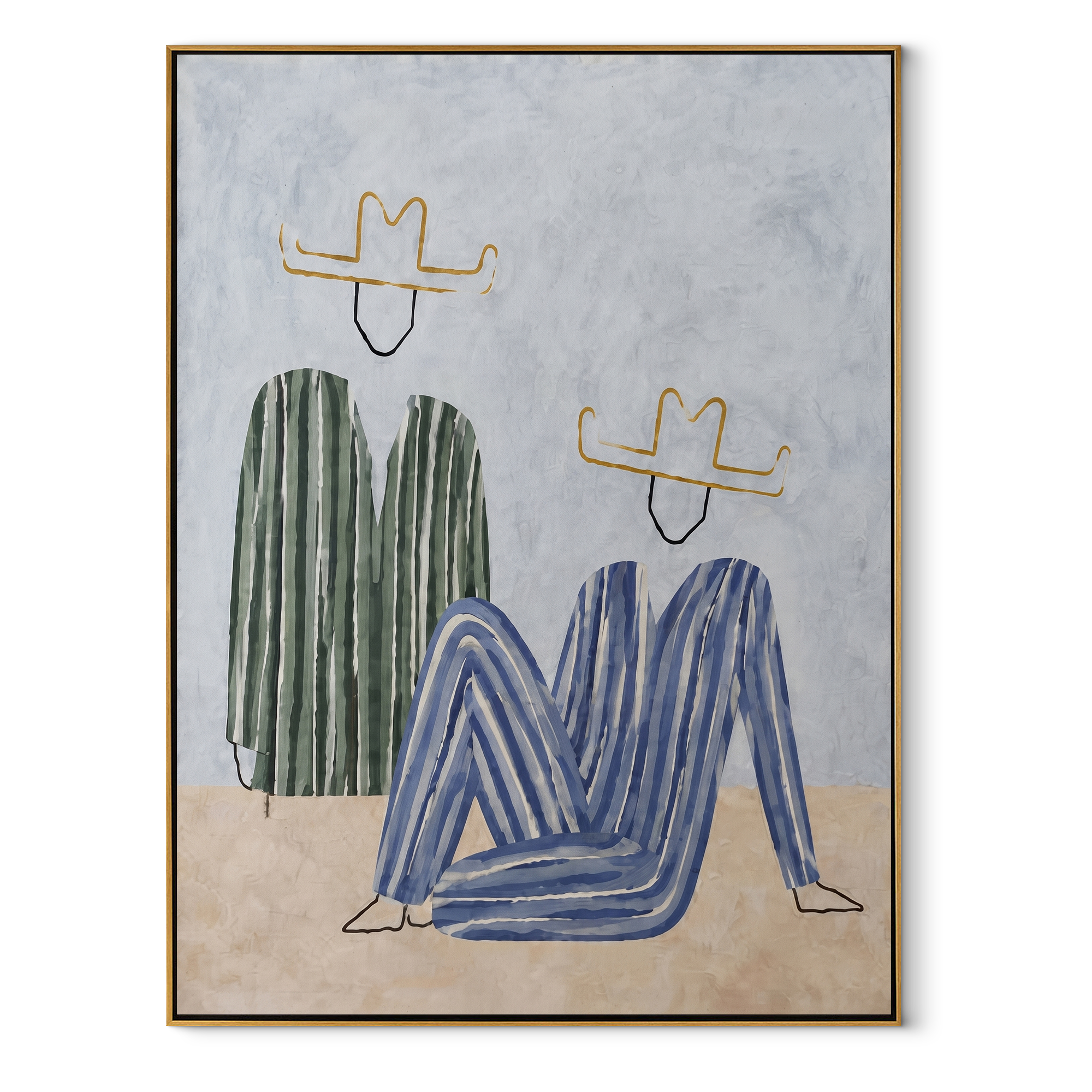 Blue Figure Sits Below - abstract seated figure pair painting by Elliot Vale, modern figurative vertical wall art - wood frame on white background