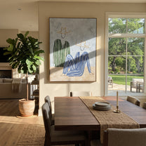 Blue Figure Sits Below - abstract seated figure pair painting by Elliot Vale, modern figurative vertical wall art - styled room scene view 2