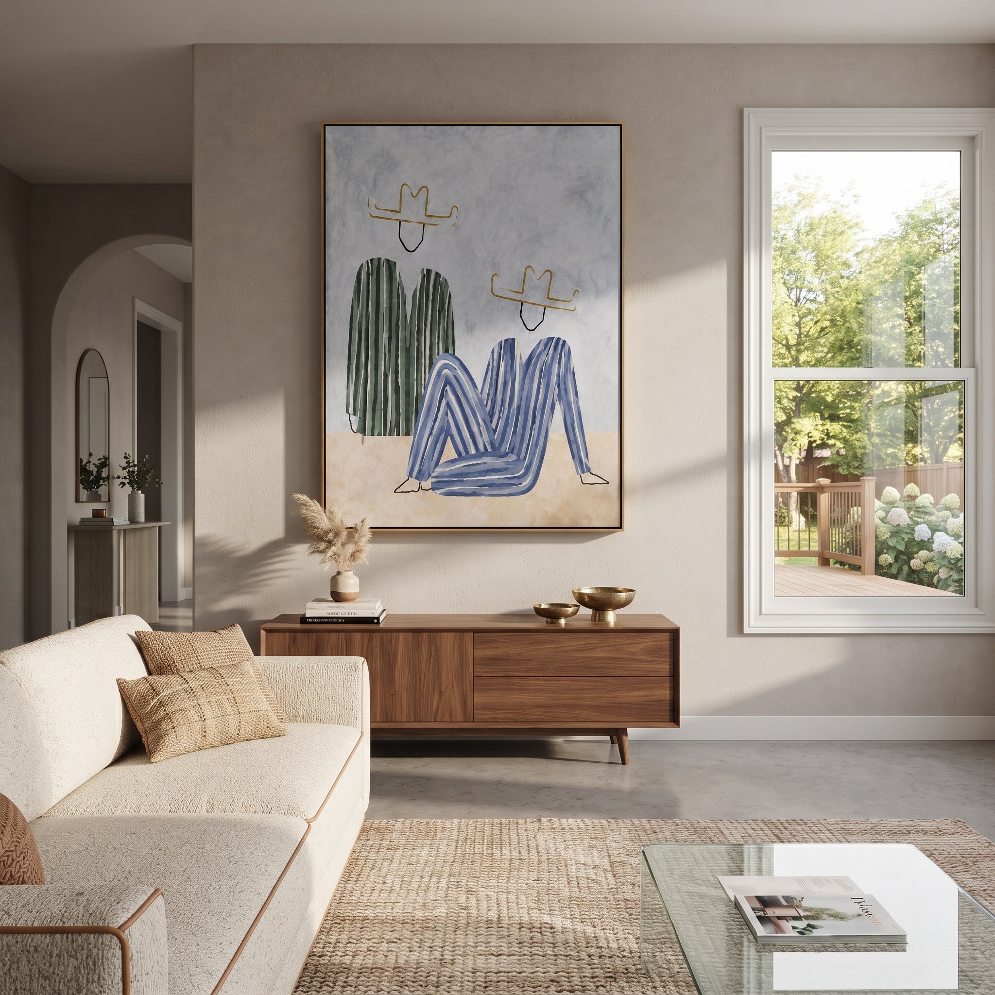 Blue Figure Sits Below - abstract seated figure pair painting by Elliot Vale, modern figurative vertical wall art - styled room scene view 4
