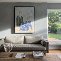 Blue Figure Sits Below - abstract seated figure pair painting by Elliot Vale, modern figurative vertical wall art - styled room scene view 5