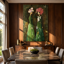 Bouquets Meet Under Green - floral head women painting by Elliot Vale, modern figurative vertical wall art - styled room scene view 1