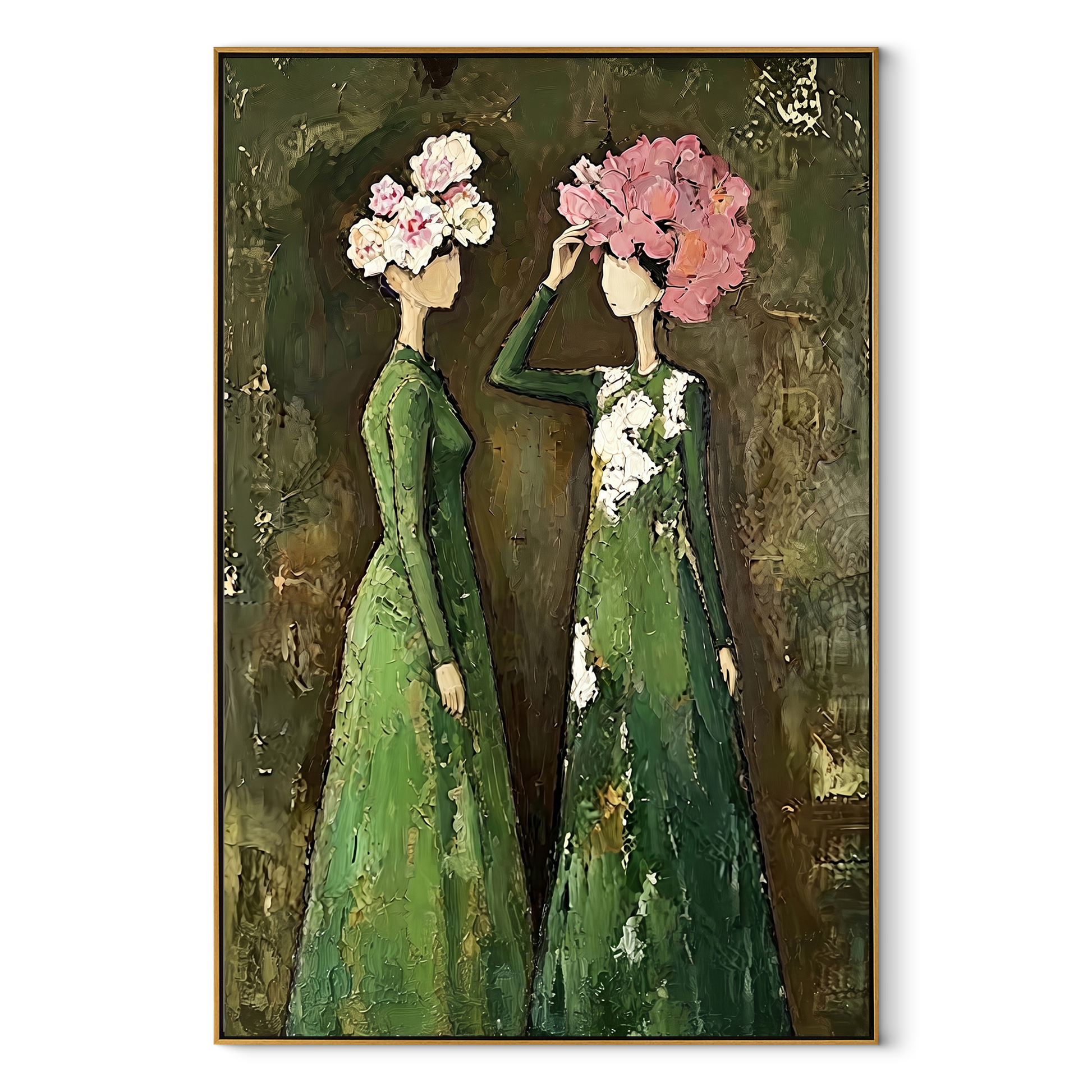 Bouquets Meet Under Green - floral head women painting by Elliot Vale, modern figurative vertical wall art - wood frame on white background