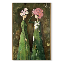 Bouquets Meet Under Green - floral head women painting by Elliot Vale, modern figurative vertical wall art - wood frame on white background