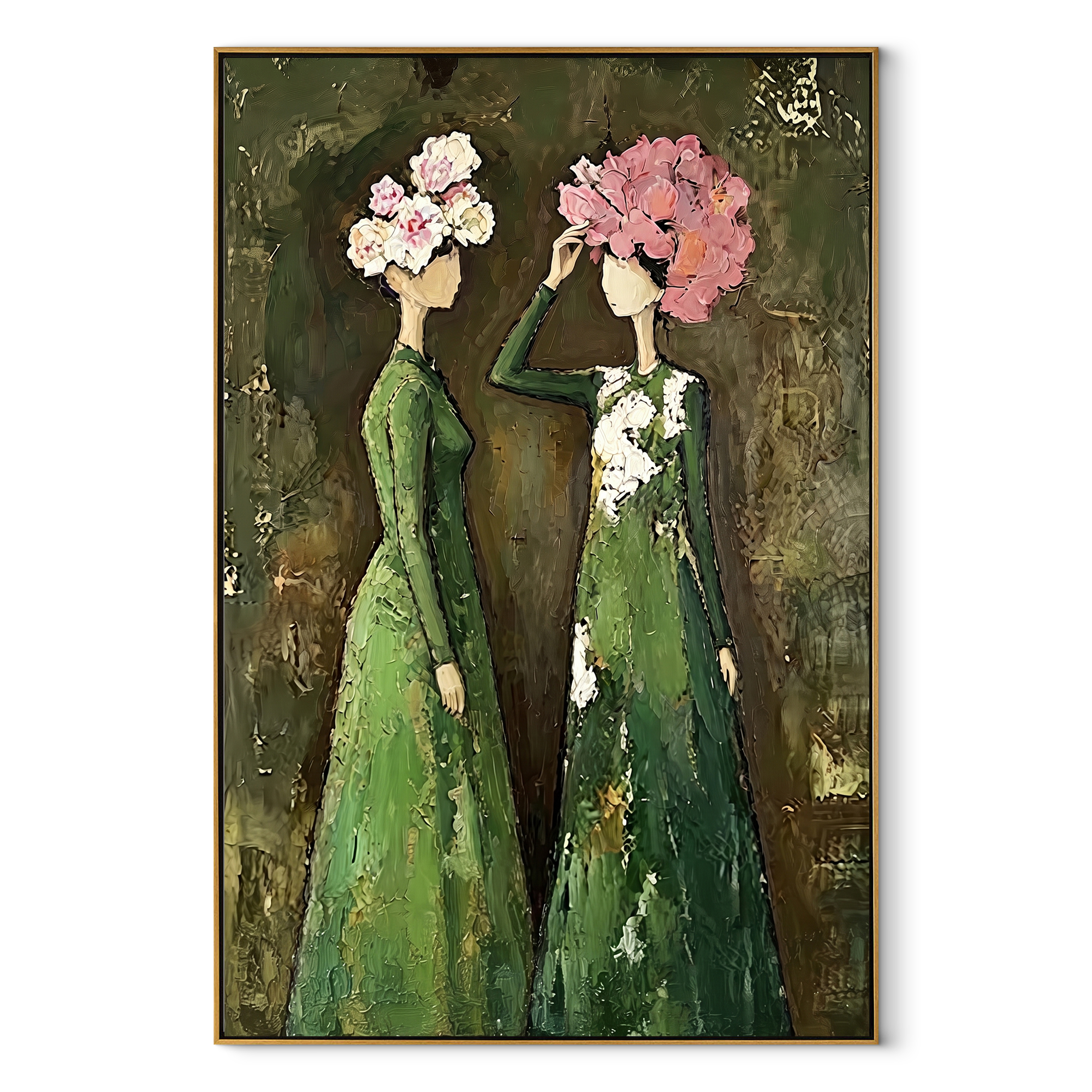 Bouquets Meet Under Green - floral head women painting by Elliot Vale, modern figurative vertical wall art - wood frame on white background