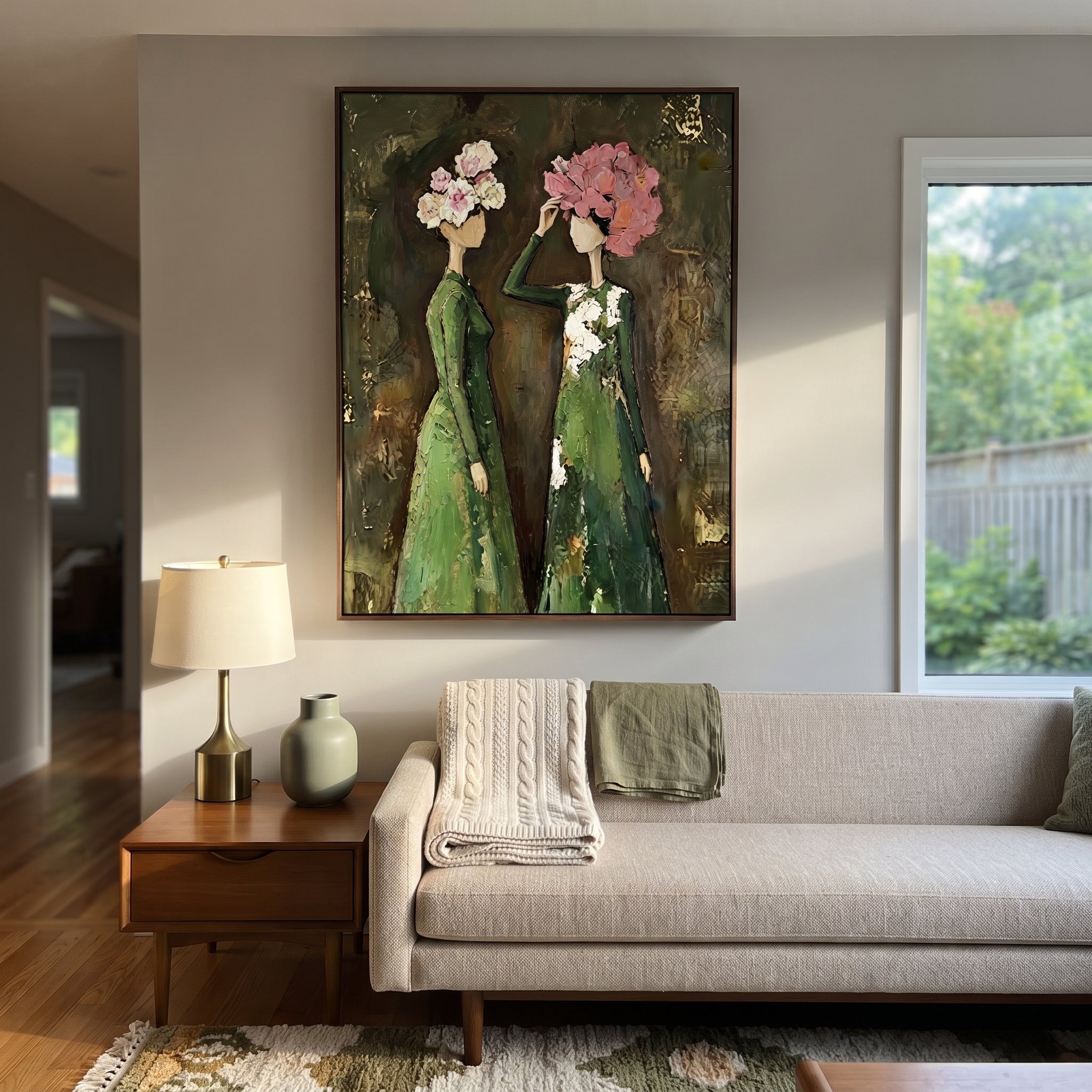 Bouquets Meet Under Green - floral head women painting by Elliot Vale, modern figurative vertical wall art - styled room scene view 2