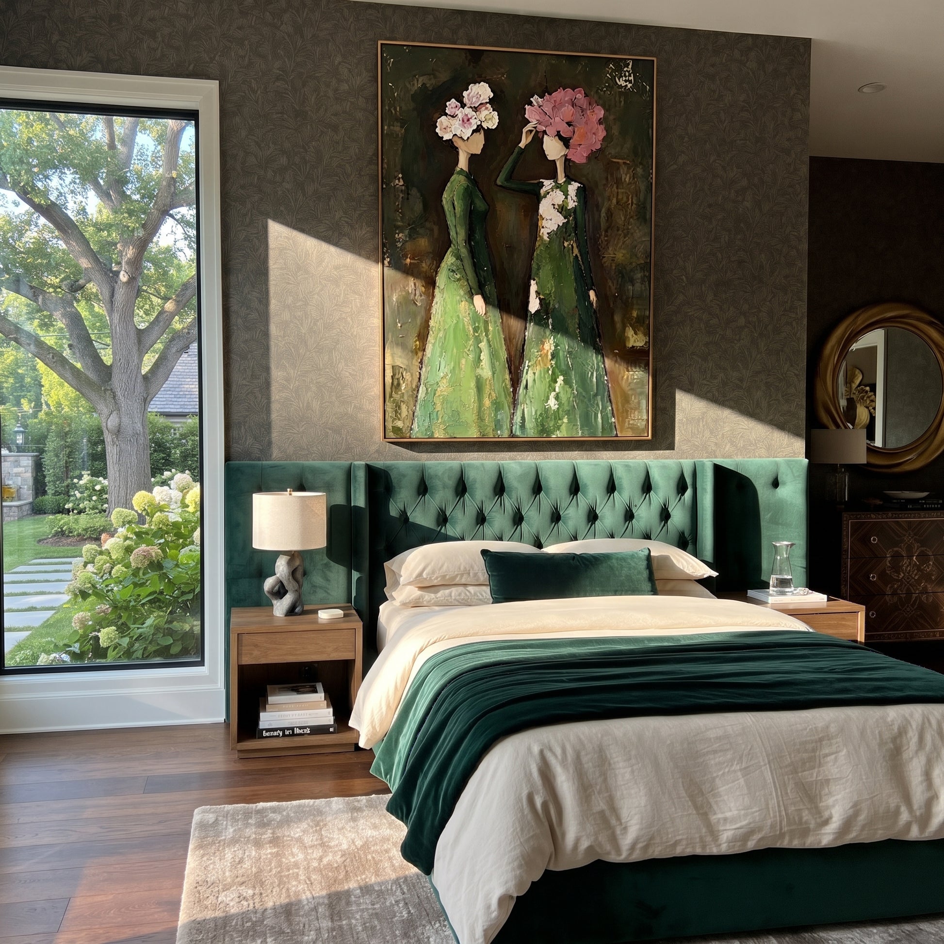 Bouquets Meet Under Green - floral head women painting by Elliot Vale, modern figurative vertical wall art - styled room scene view 3