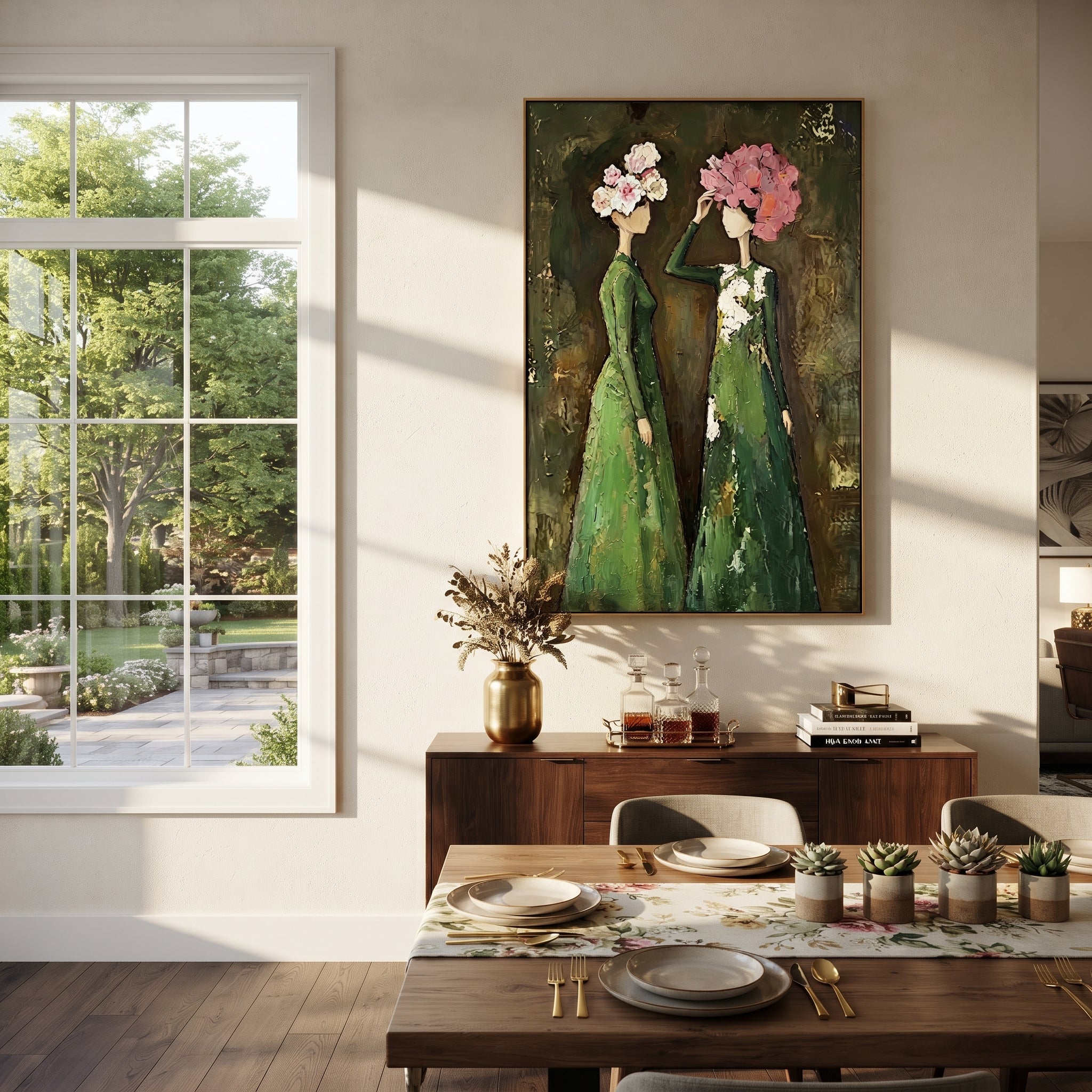 Bouquets Meet Under Green - floral head women painting by Elliot Vale, modern figurative vertical wall art - styled room scene view 4