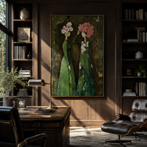 Bouquets Meet Under Green - floral head women painting by Elliot Vale, modern figurative vertical wall art - styled room scene view 5