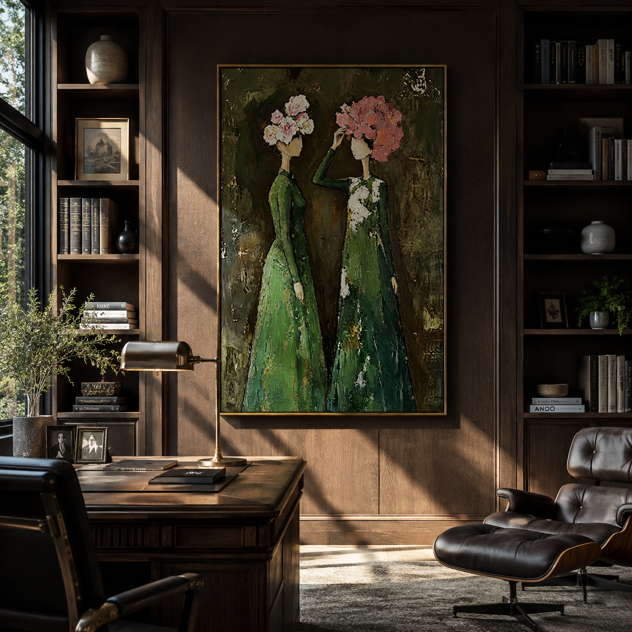 Bouquets Meet Under Green - floral head women painting by Elliot Vale, modern figurative vertical wall art - styled room scene view 5