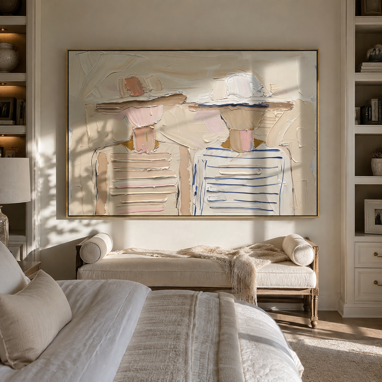 Soft Hats Hold Stripes - pastel striped figure pair painting by Elliot Vale, modern figurative horizontal wall art - styled room scene view 1