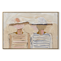 Soft Hats Hold Stripes - pastel striped figure pair painting by Elliot Vale, modern figurative horizontal wall art - wood frame on white background