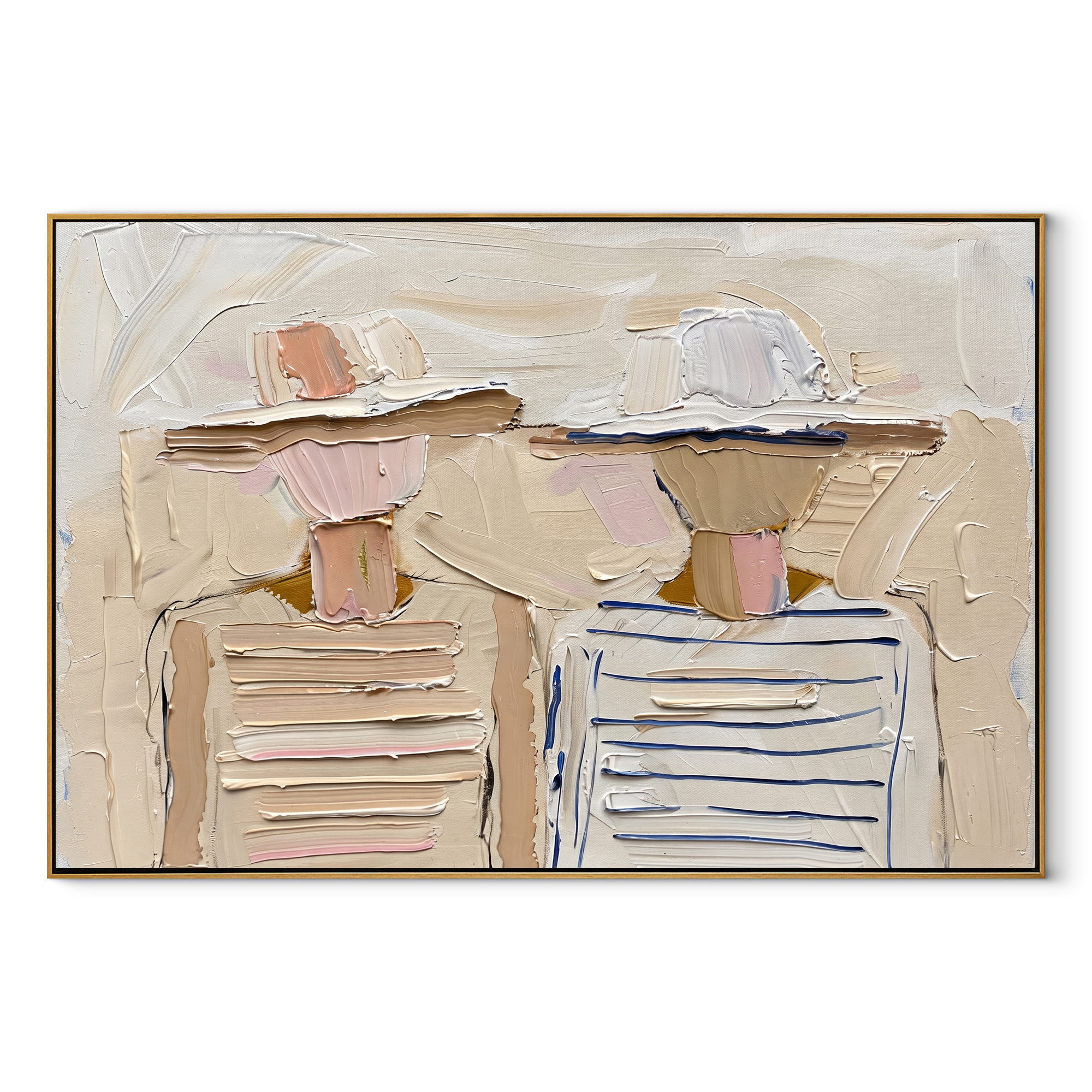 Soft Hats Hold Stripes - pastel striped figure pair painting by Elliot Vale, modern figurative horizontal wall art - wood frame on white background