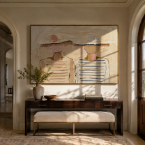 Soft Hats Hold Stripes - pastel striped figure pair painting by Elliot Vale, modern figurative horizontal wall art - styled room scene view 2