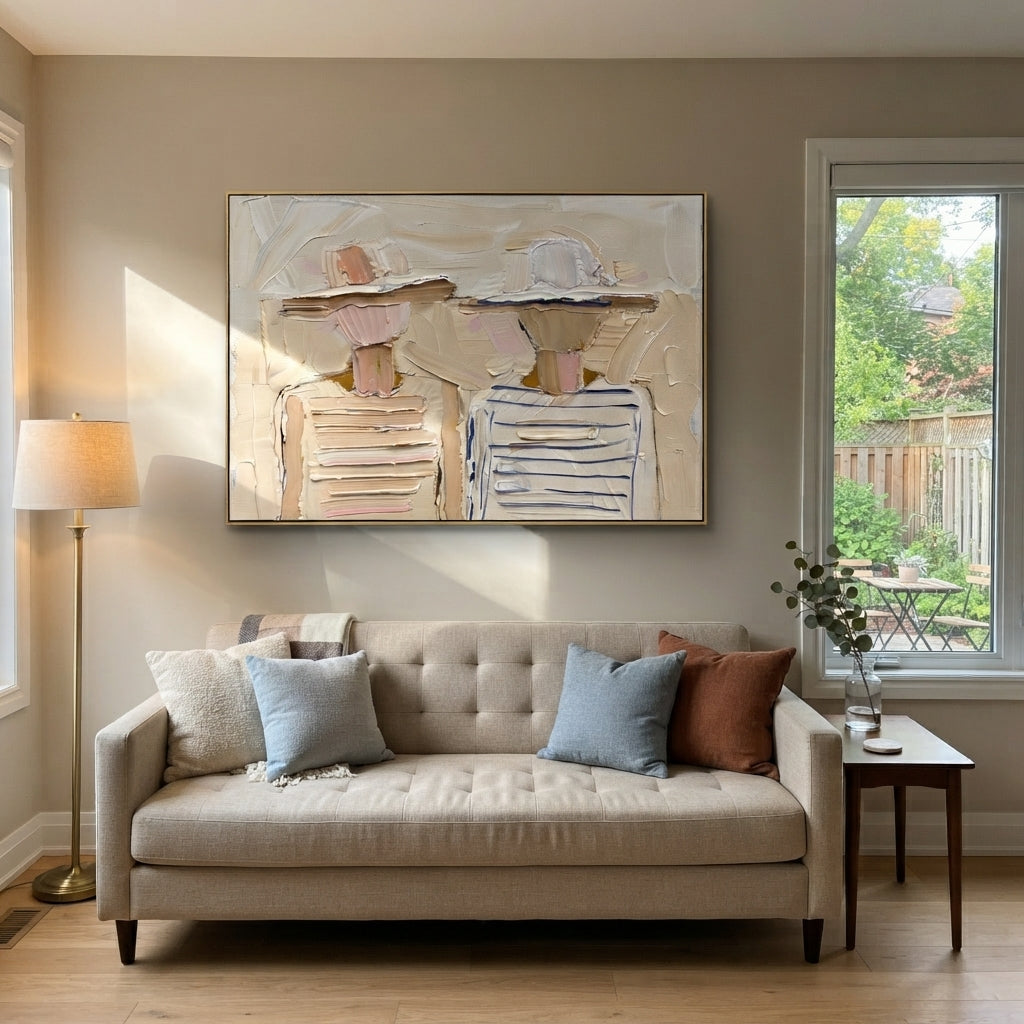 Soft Hats Hold Stripes - pastel striped figure pair painting by Elliot Vale, modern figurative horizontal wall art - styled room scene view 3