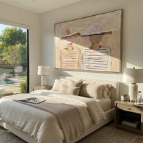Soft Hats Hold Stripes - pastel striped figure pair painting by Elliot Vale, modern figurative horizontal wall art - styled room scene view 4