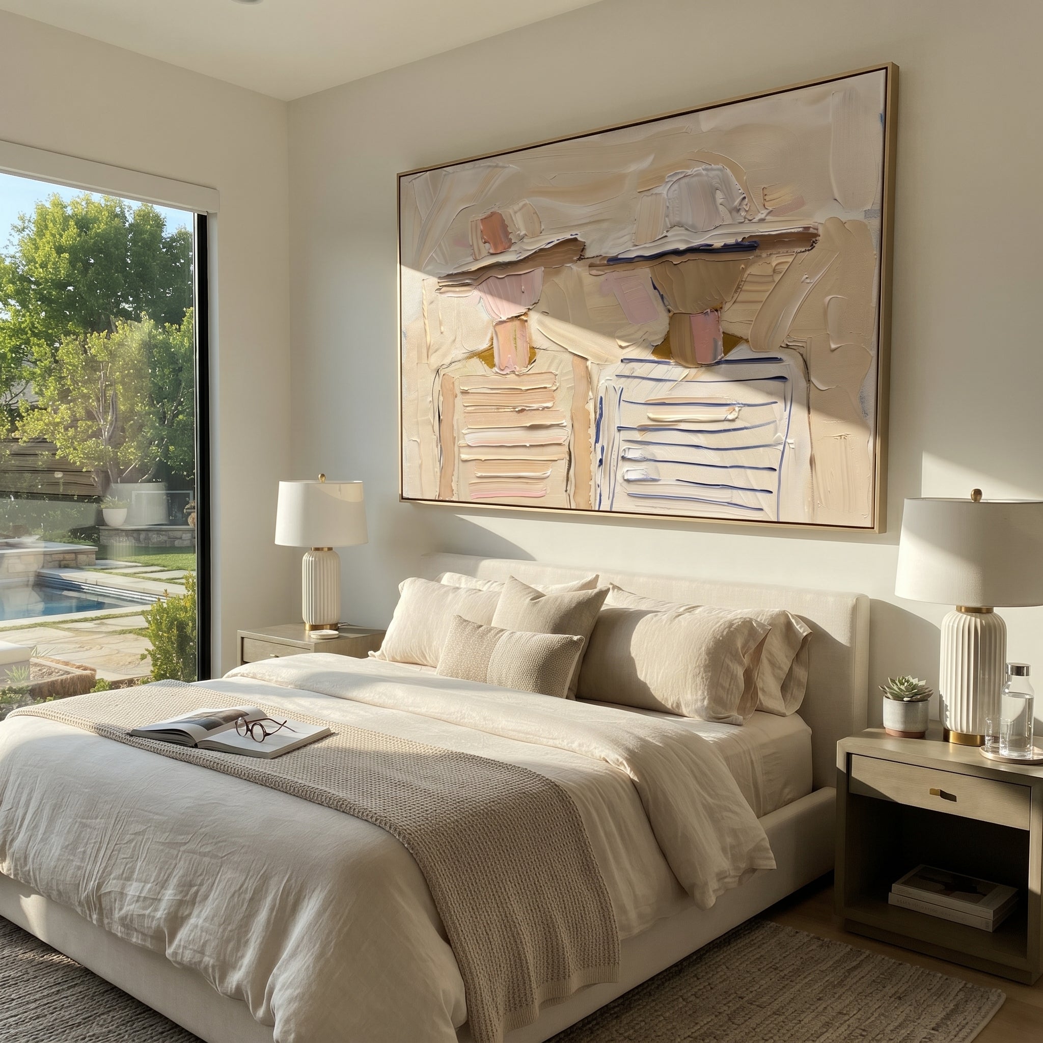 Soft Hats Hold Stripes - pastel striped figure pair painting by Elliot Vale, modern figurative horizontal wall art - styled room scene view 4