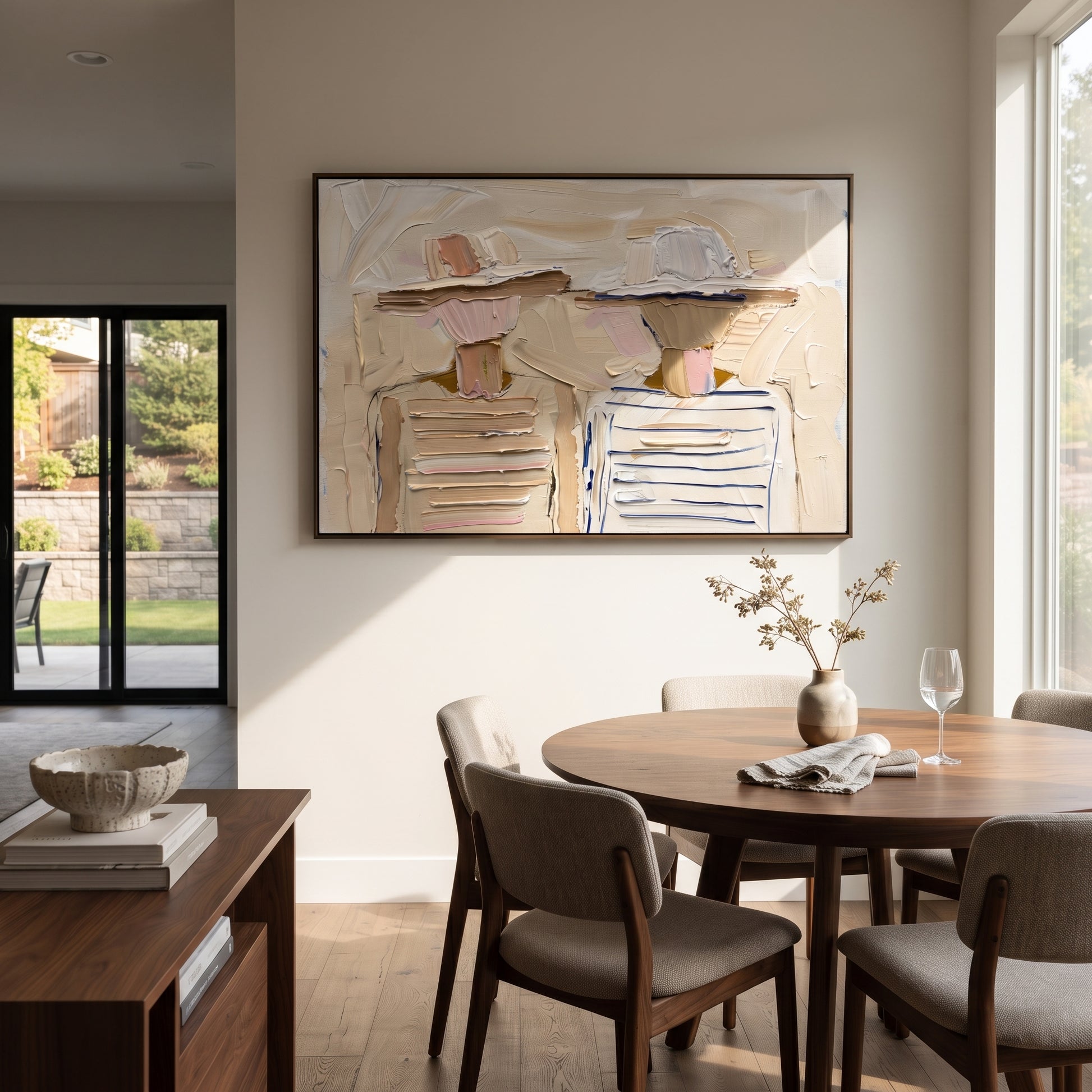Soft Hats Hold Stripes - pastel striped figure pair painting by Elliot Vale, modern figurative horizontal wall art - styled room scene view 5