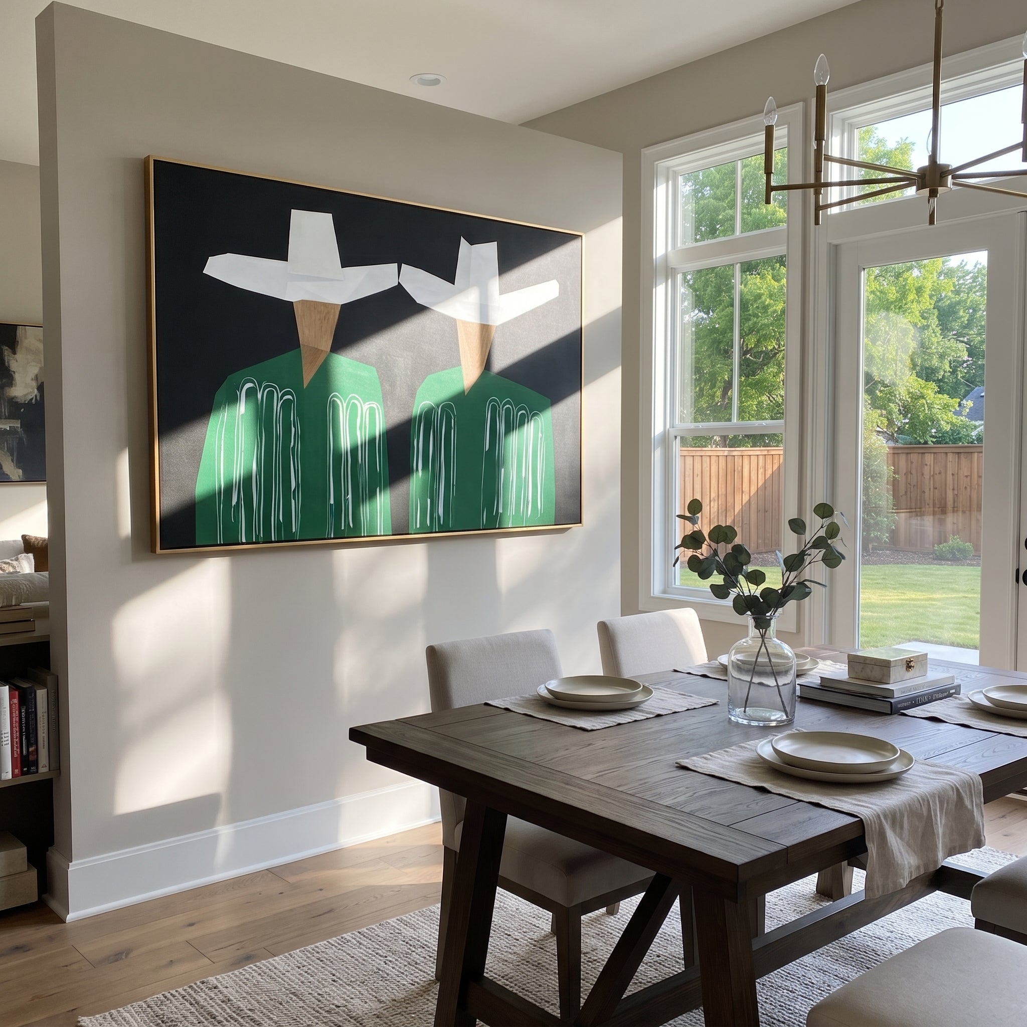 White Geometry Guards Green - geometric hat figure pair painting by Elliot Vale, modern figurative horizontal wall art - styled room scene view 1