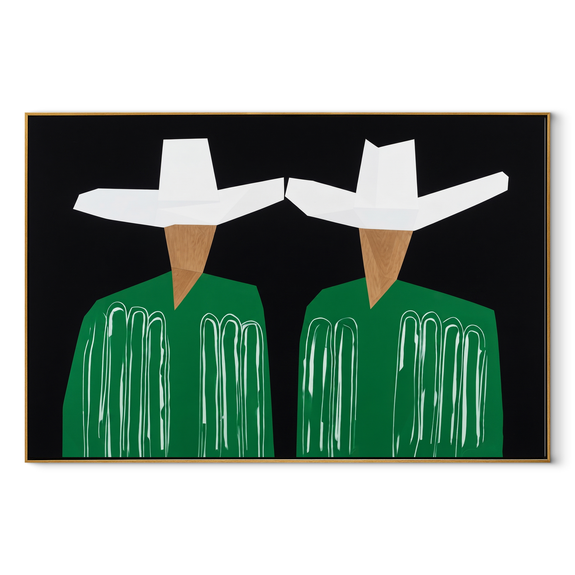 White Geometry Guards Green - geometric hat figure pair painting by Elliot Vale, modern figurative horizontal wall art - wood frame on white background