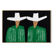 White Geometry Guards Green - geometric hat figure pair painting by Elliot Vale, modern figurative horizontal wall art - wood frame on white background