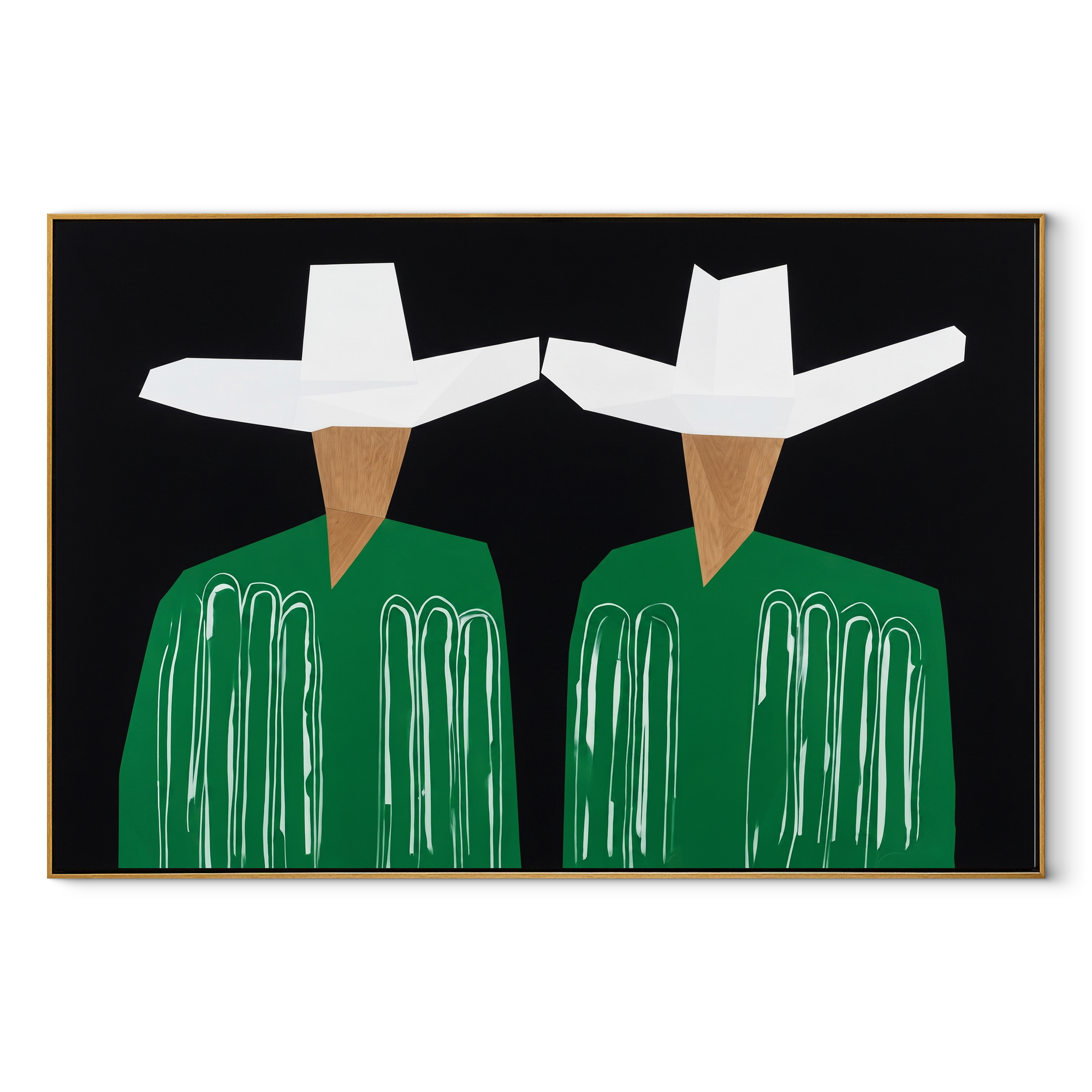 White Geometry Guards Green - geometric hat figure pair painting by Elliot Vale, modern figurative horizontal wall art - wood frame on white background