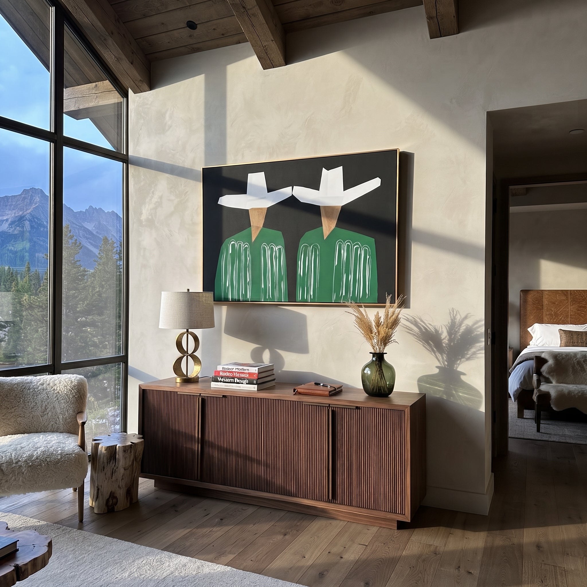 White Geometry Guards Green - geometric hat figure pair painting by Elliot Vale, modern figurative horizontal wall art - styled room scene view 3