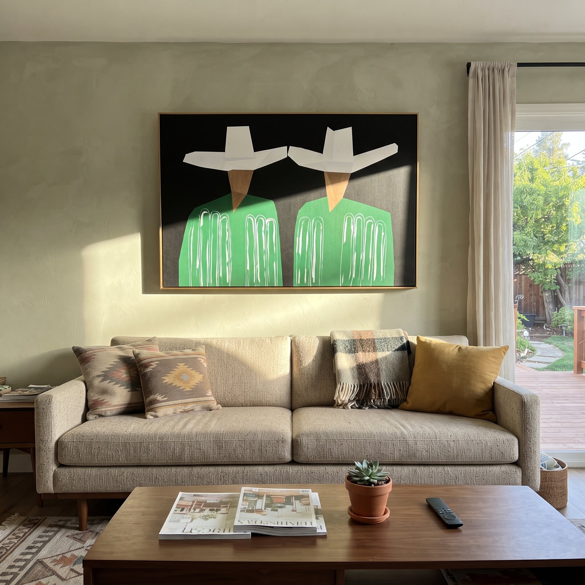 White Geometry Guards Green - geometric hat figure pair painting by Elliot Vale, modern figurative horizontal wall art - styled room scene view 5