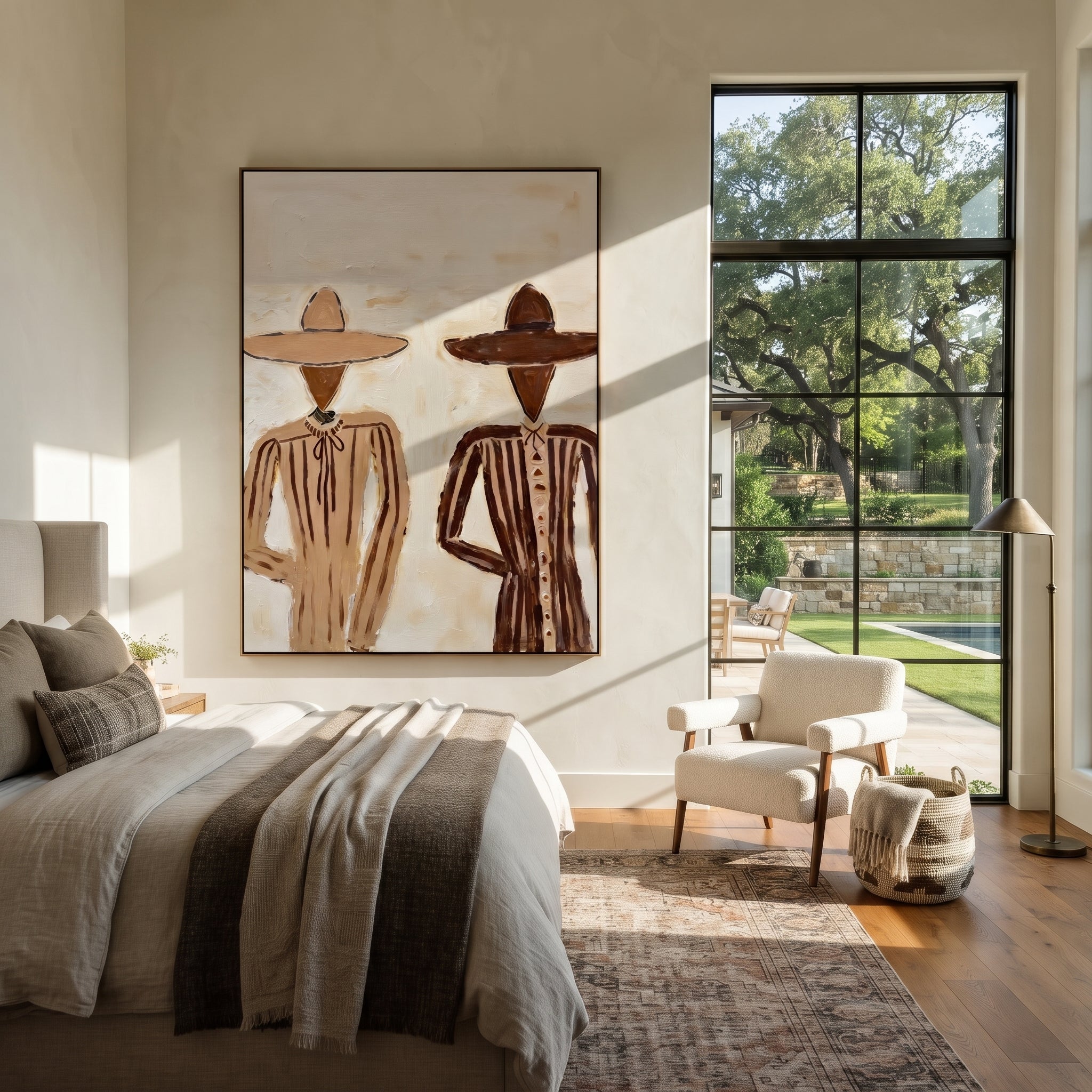 Two Brims Cross Linen - neutral striped figure pair painting by Elliot Vale, modern figurative vertical wall art - styled room scene view 1