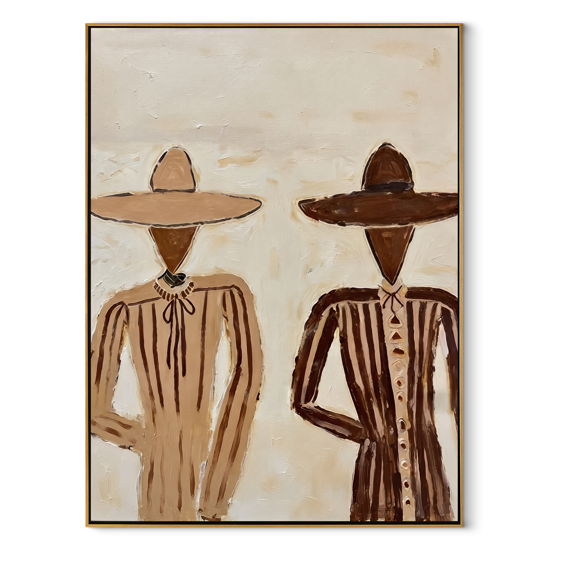 Two Brims Cross Linen - neutral striped figure pair painting by Elliot Vale, modern figurative vertical wall art - wood frame on white background