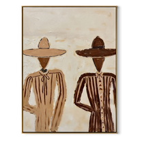Two Brims Cross Linen - neutral striped figure pair painting by Elliot Vale, modern figurative vertical wall art - wood frame on white background