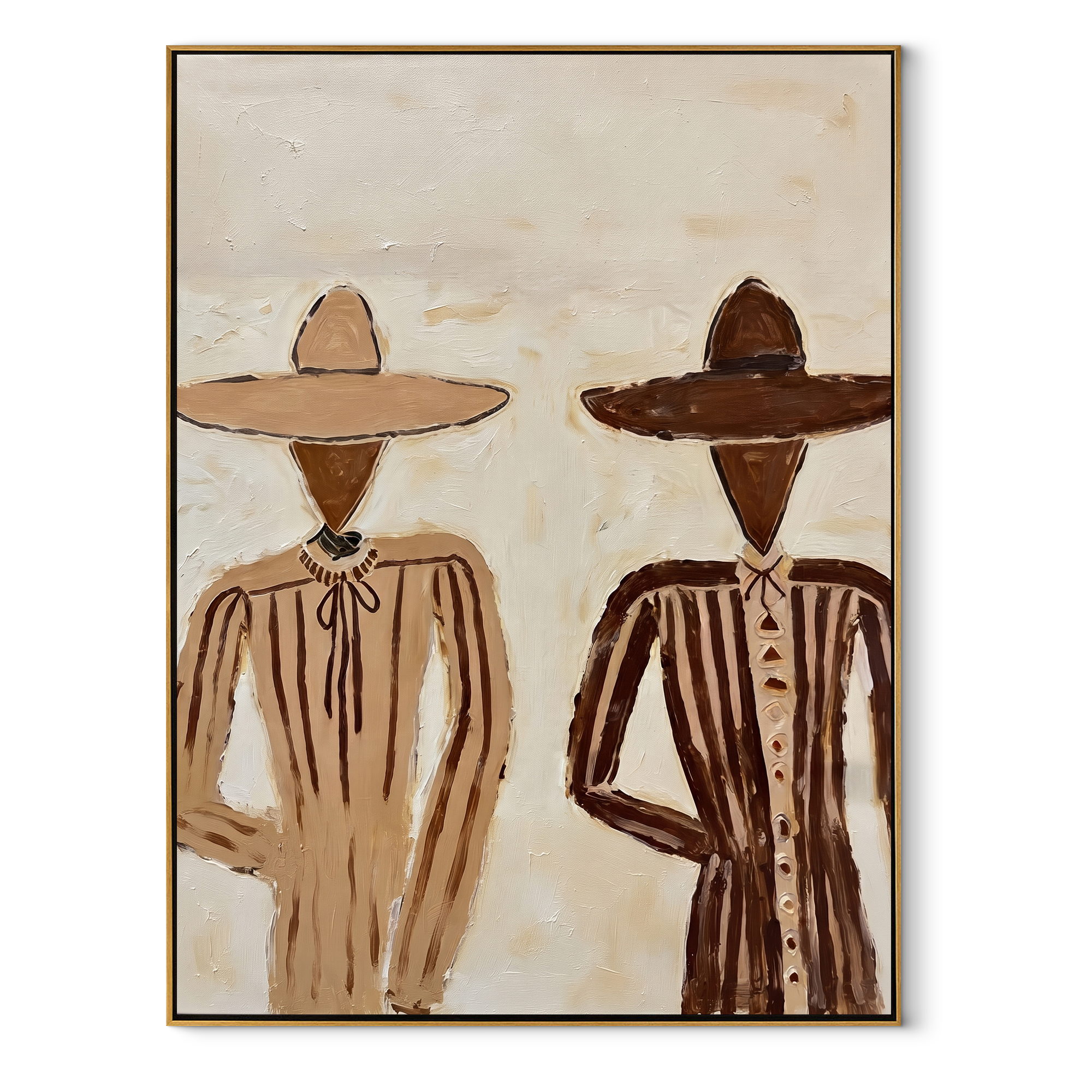 Two Brims Cross Linen - neutral striped figure pair painting by Elliot Vale, modern figurative vertical wall art - wood frame on white background