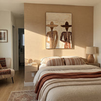 Two Brims Cross Linen - neutral striped figure pair painting by Elliot Vale, modern figurative vertical wall art - styled room scene view 3