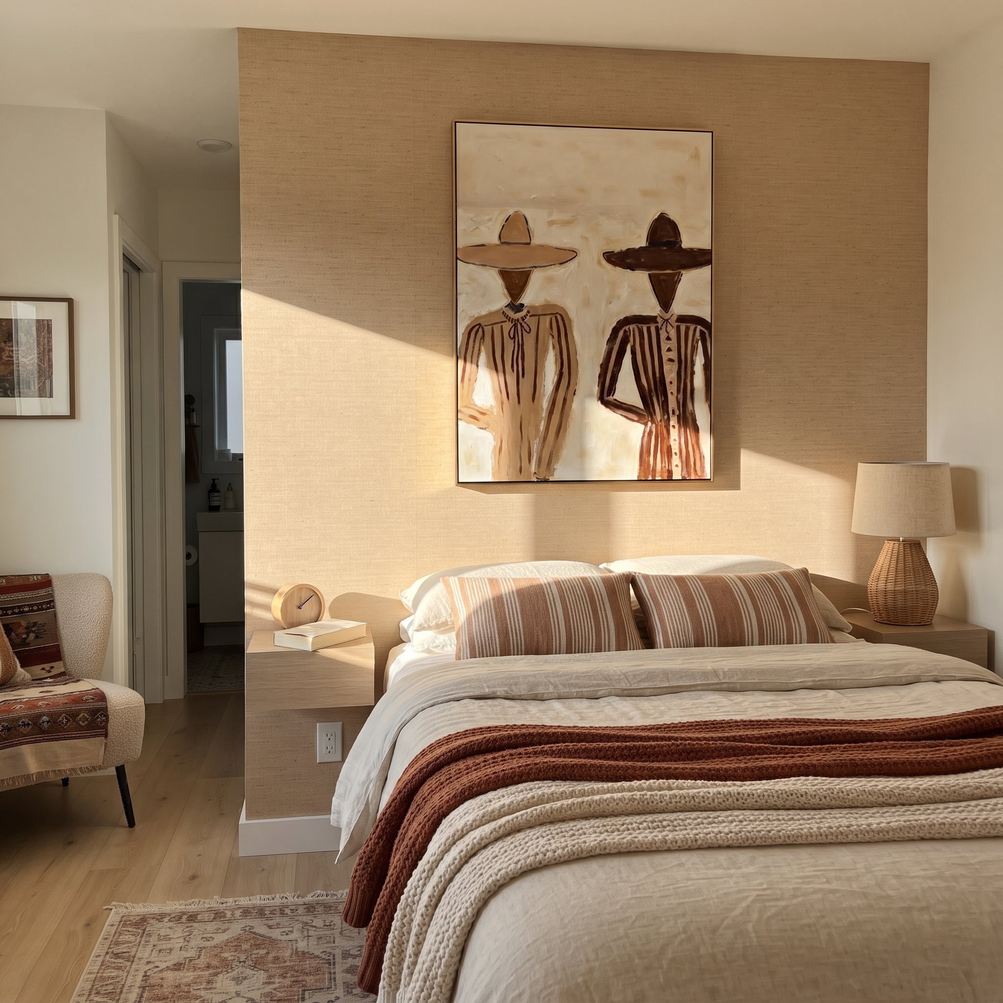 Two Brims Cross Linen - neutral striped figure pair painting by Elliot Vale, modern figurative vertical wall art - styled room scene view 3