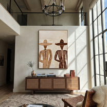 Two Brims Cross Linen - neutral striped figure pair painting by Elliot Vale, modern figurative vertical wall art - styled room scene view 4