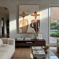 Two Brims Cross Linen - neutral striped figure pair painting by Elliot Vale, modern figurative vertical wall art - styled room scene view 5